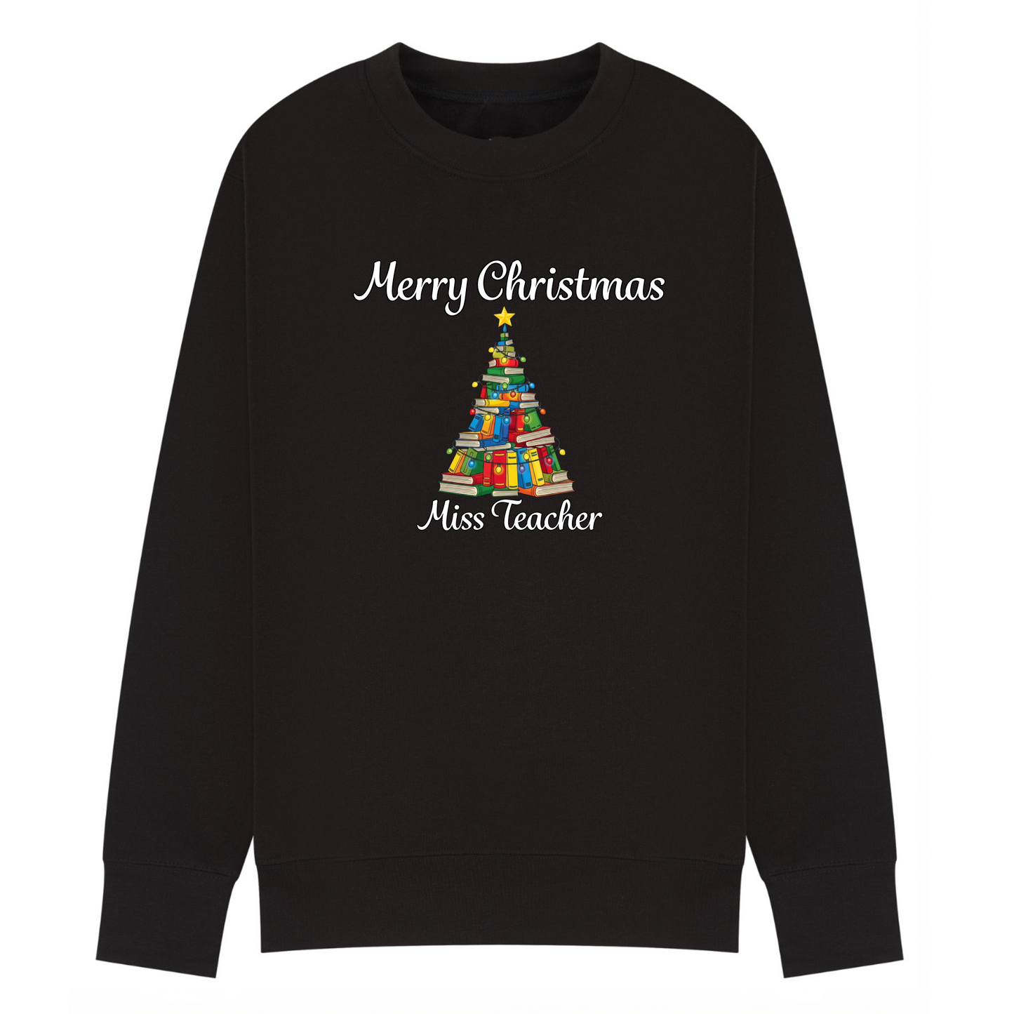 Personalised Teacher Christmas Jumper | Custom Name Sweatshirt | Book Tree Design | Gift for Teacher, Librarian or Book Lover | Plus Size