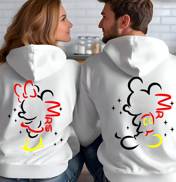 Personalised Mr and Mrs Disney Hoodies – Matching Mickey & Minnie Couple Sweatshirts – Est. Date – White Wedding Gift, Honeymoon Outfit