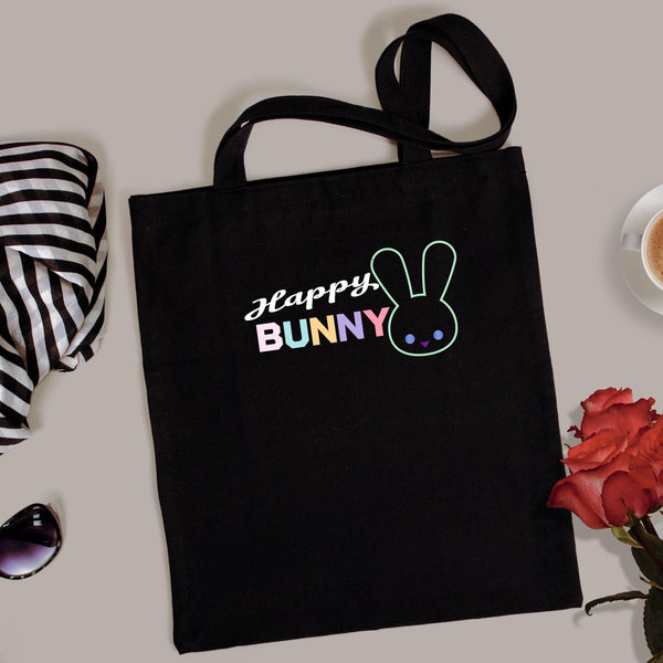 Happy Bunny Tote Bag: Black Cotton Blend Eco Shopper