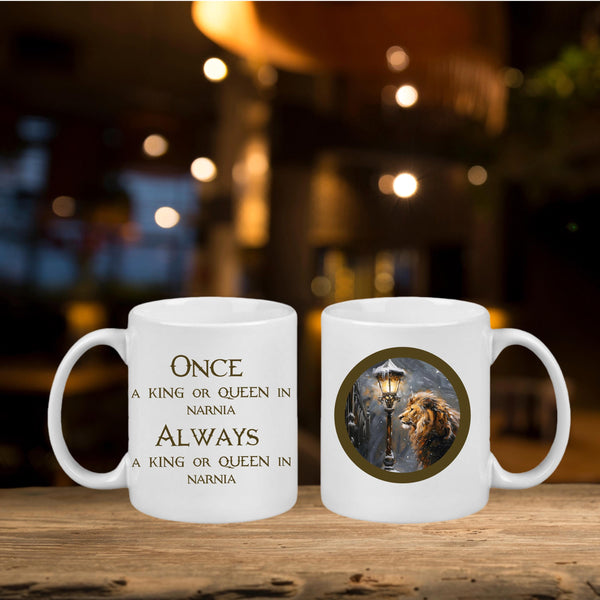 Narnia Inspired Mug | Aslan & Lamppost Design | "Once a King or Queen in Narnia" Quote | Gift for Book Lovers
