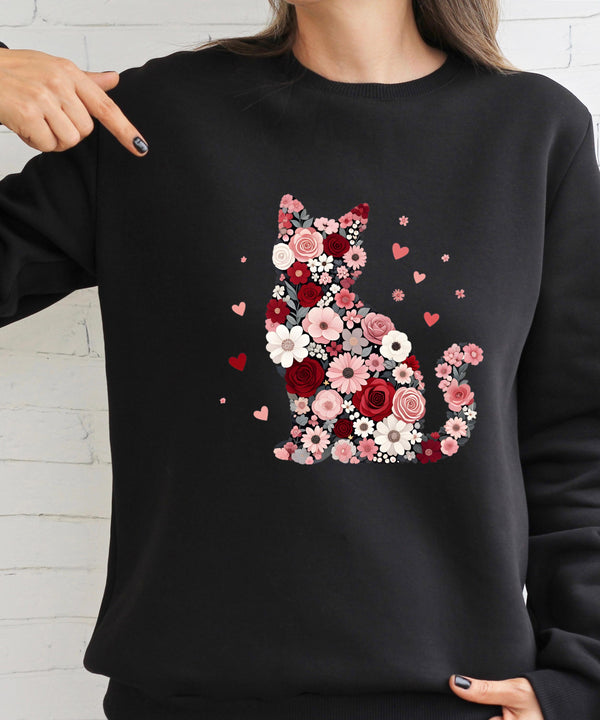 Floral Cat Sweatshirt, Cat Lover Jumper, Flower Kitty Design, Cozy Sweater, Gift for Cat Mum, Sizes S–5XL