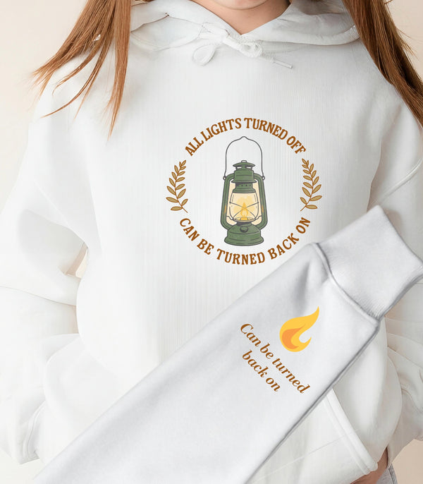 Noah Kahan Inspired hoodie | 'All Lights Turned Off Can Be Turned Back On' Lantern Hood | Sleeve detail
