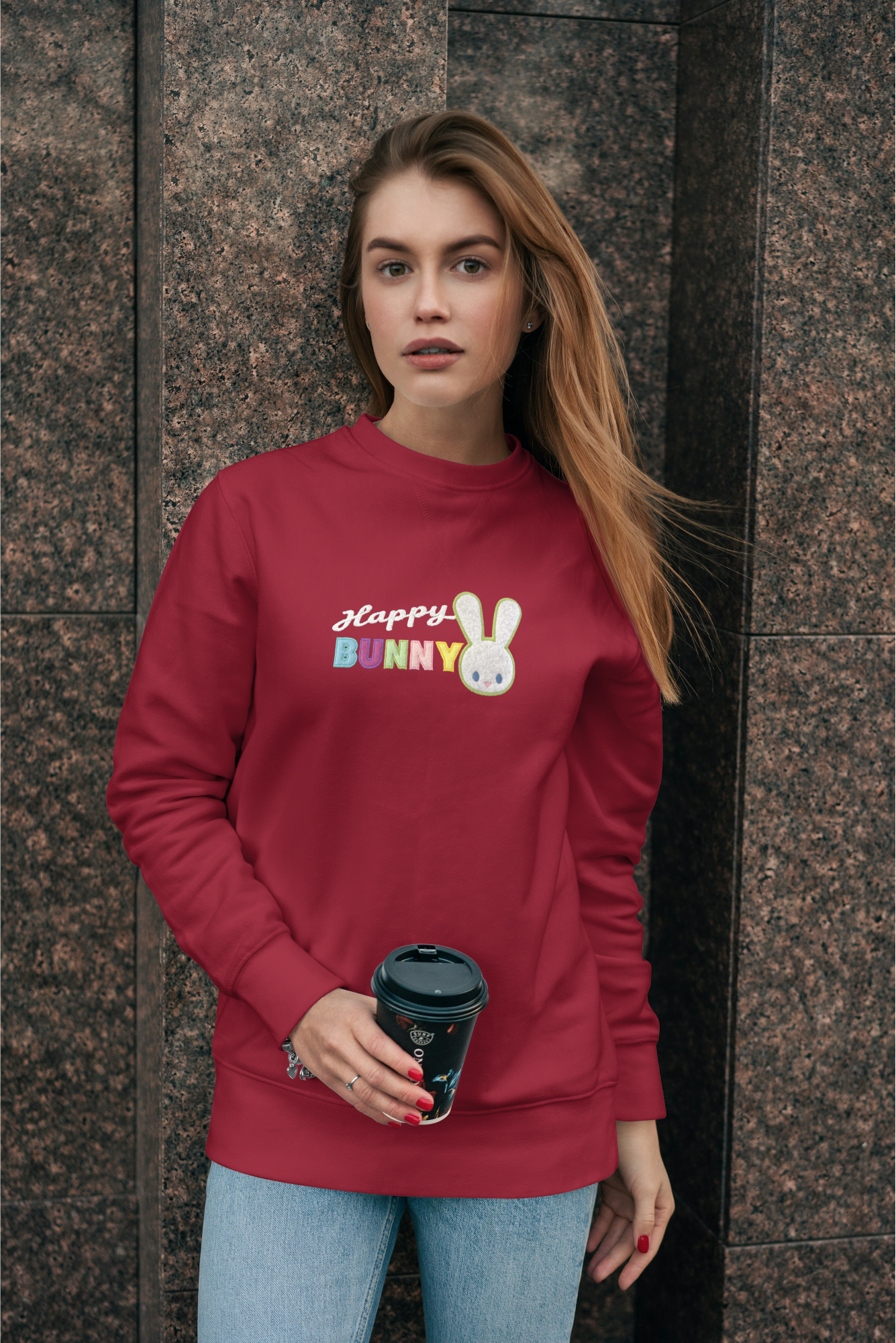 Happy Bunny Sweatshirt: Embroidered Appliqué