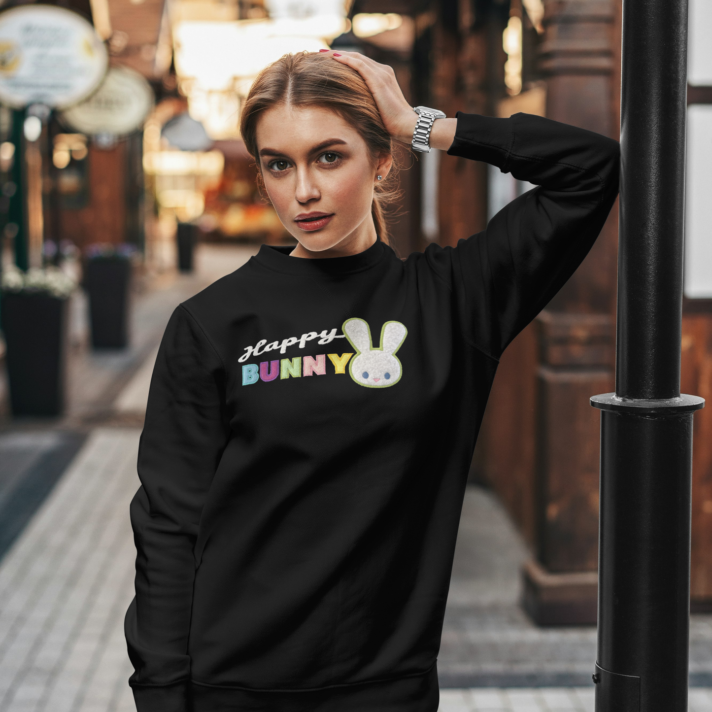 Happy Bunny Sweatshirt: Embroidered Appliqué
