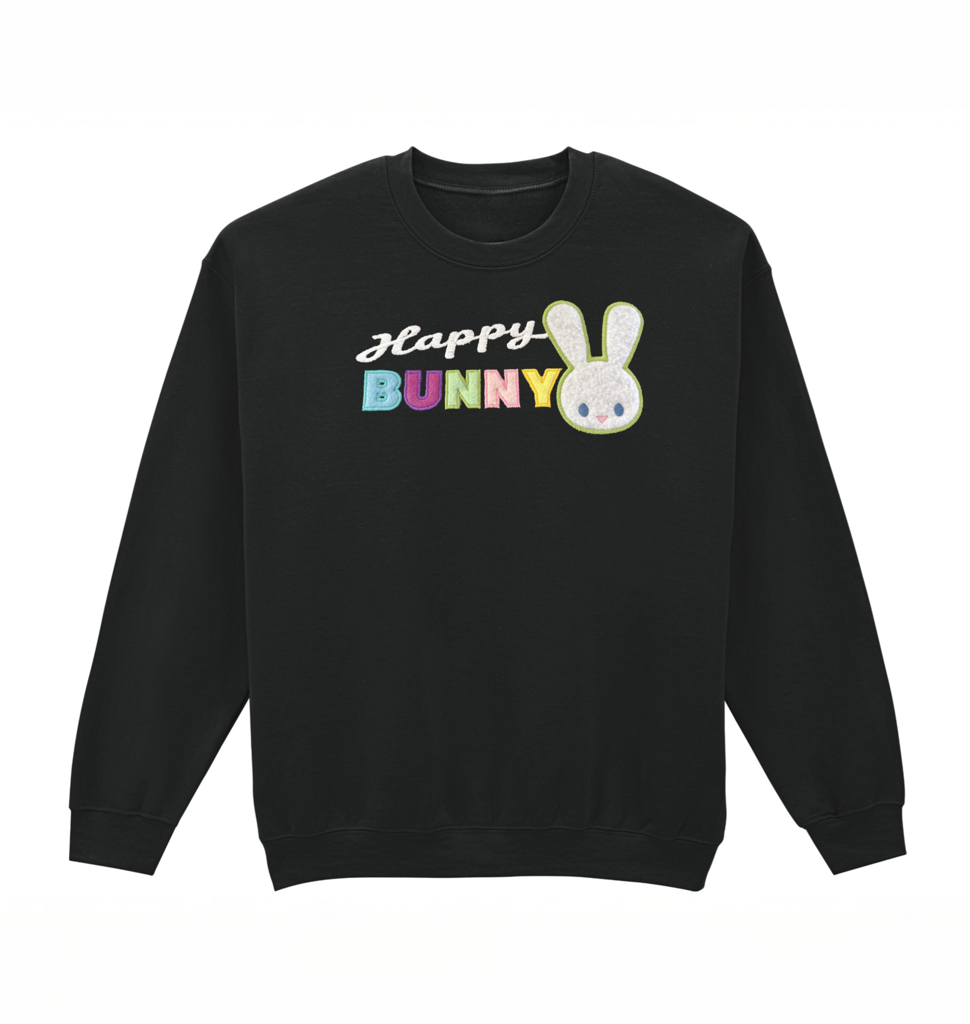 Black sweatshirt with 'Happy Bunny' text and cartoon bunny face on a white background
