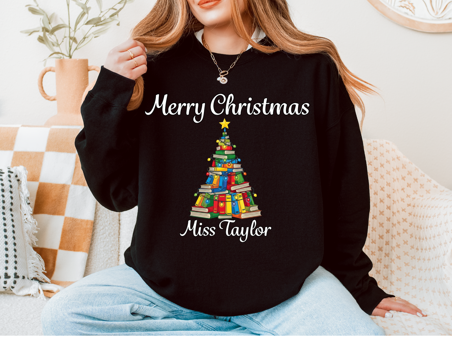Personalised Teacher Christmas Jumper | Custom Name Sweatshirt | Book Tree Design | Gift for Teacher, Librarian or Book Lover | Plus Size