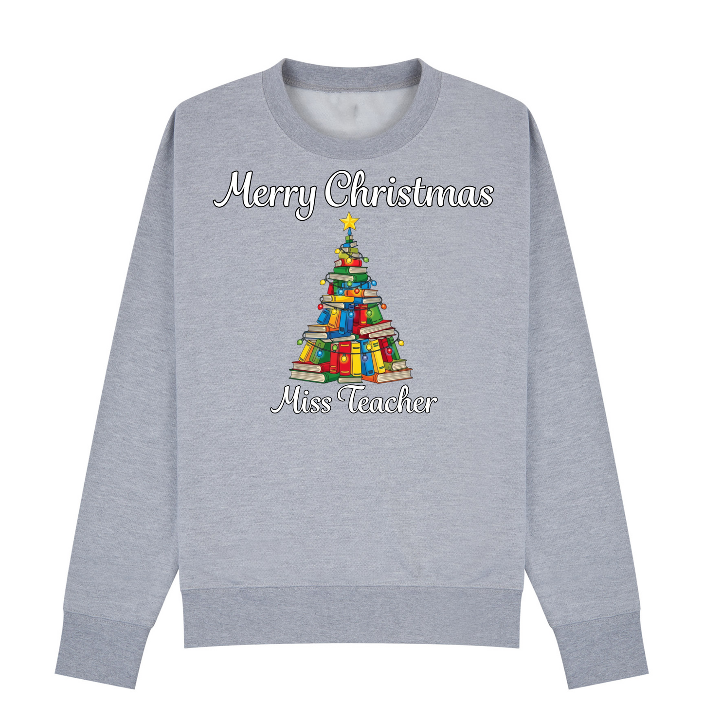 Personalised Teacher Christmas Jumper | Custom Name Sweatshirt | Book Tree Design | Gift for Teacher, Librarian or Book Lover | Plus Size