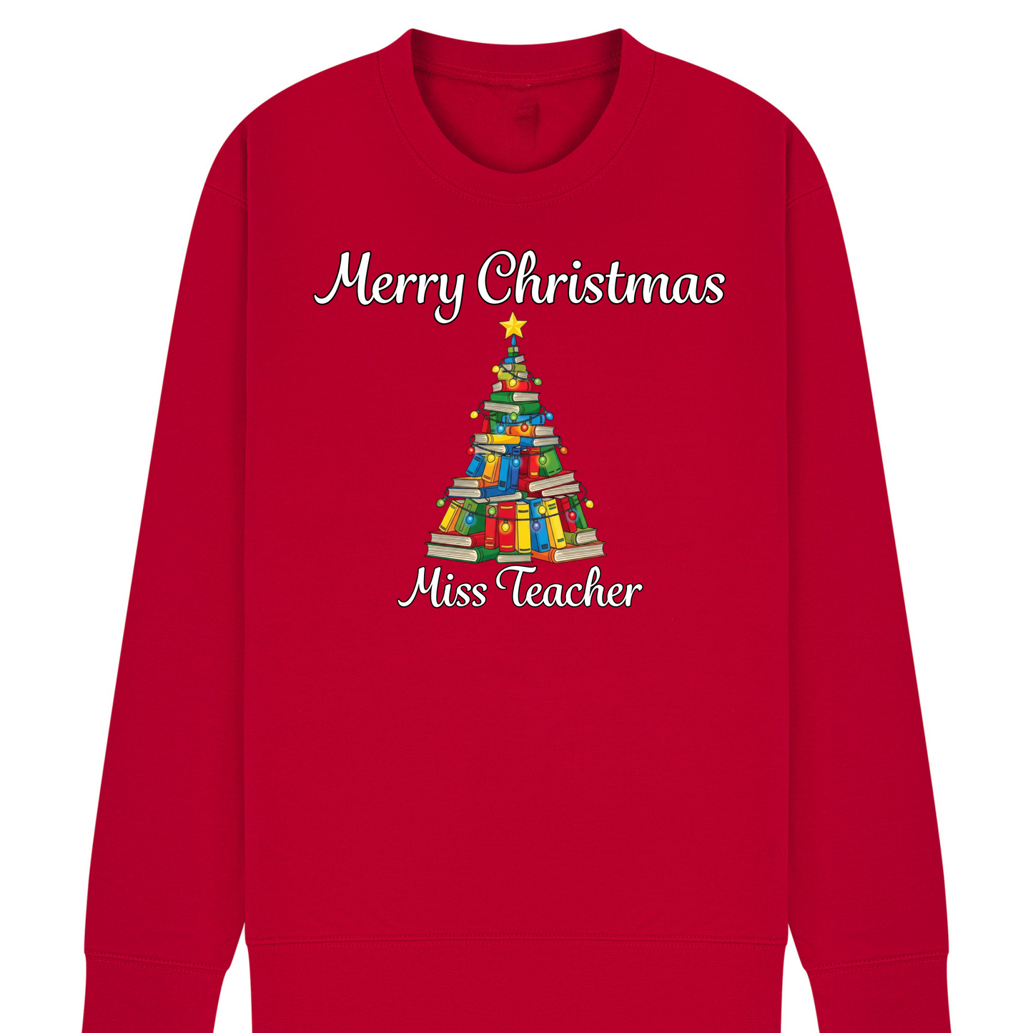 Personalised Teacher Christmas Jumper | Custom Name Sweatshirt | Book Tree Design | Gift for Teacher, Librarian or Book Lover | Plus Size