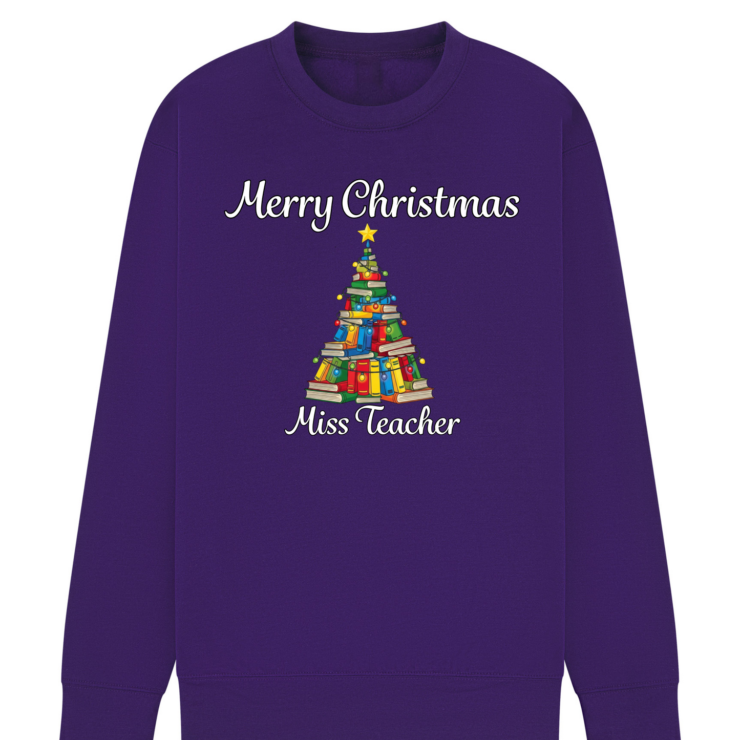 Personalised Teacher Christmas Jumper | Custom Name Sweatshirt | Book Tree Design | Gift for Teacher, Librarian or Book Lover | Plus Size