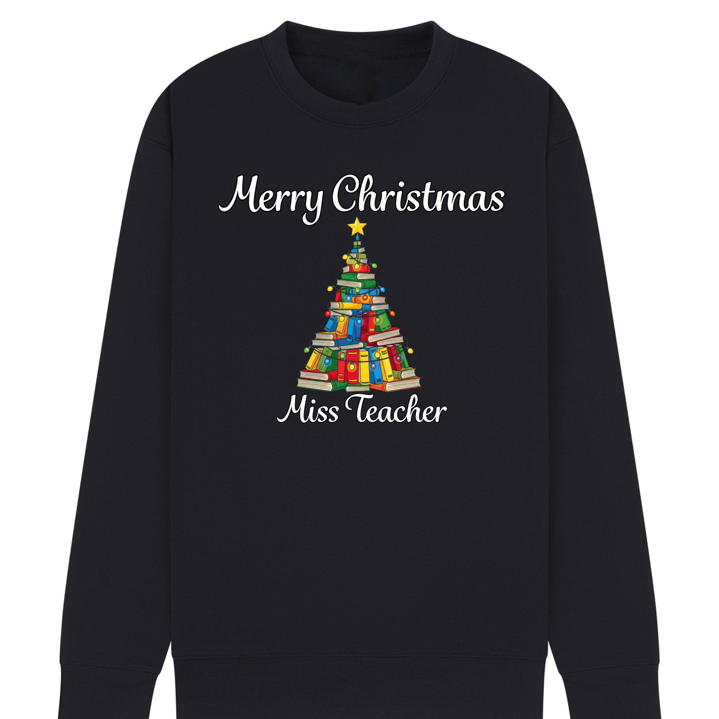 Personalised Teacher Christmas Jumper | Custom Name Sweatshirt | Book Tree Design | Gift for Teacher, Librarian or Book Lover | Plus Size