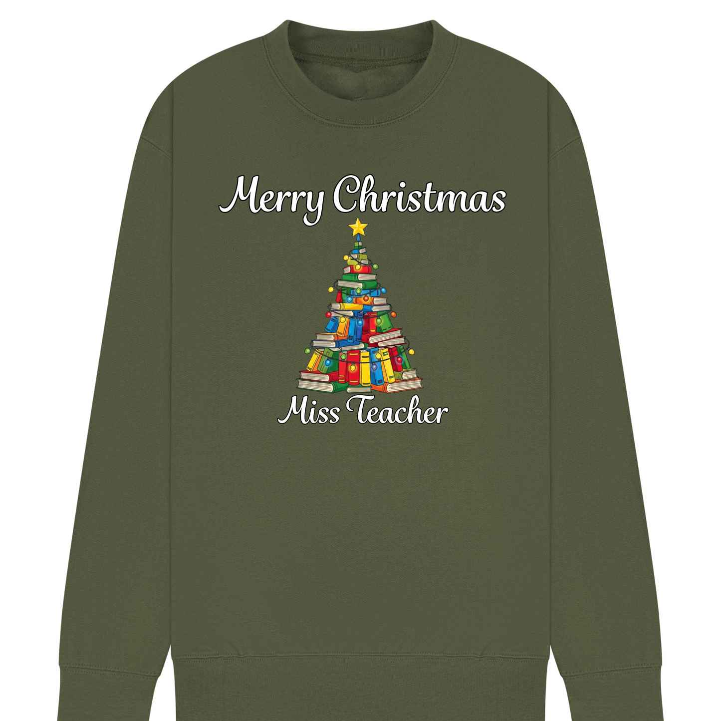 Personalised Teacher Christmas Jumper | Custom Name Sweatshirt | Book Tree Design | Gift for Teacher, Librarian or Book Lover | Plus Size