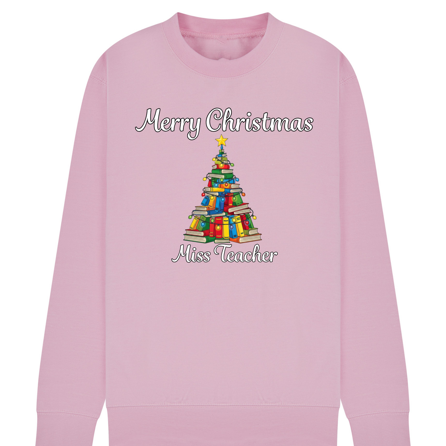 Personalised Teacher Christmas Jumper | Custom Name Sweatshirt | Book Tree Design | Gift for Teacher, Librarian or Book Lover | Plus Size