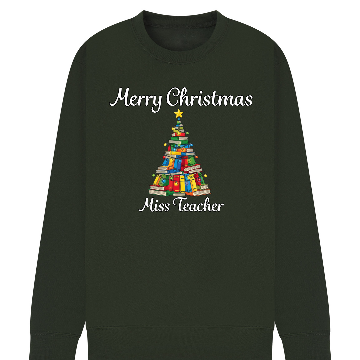 Personalised Teacher Christmas Jumper | Custom Name Sweatshirt | Book Tree Design | Gift for Teacher, Librarian or Book Lover | Plus Size