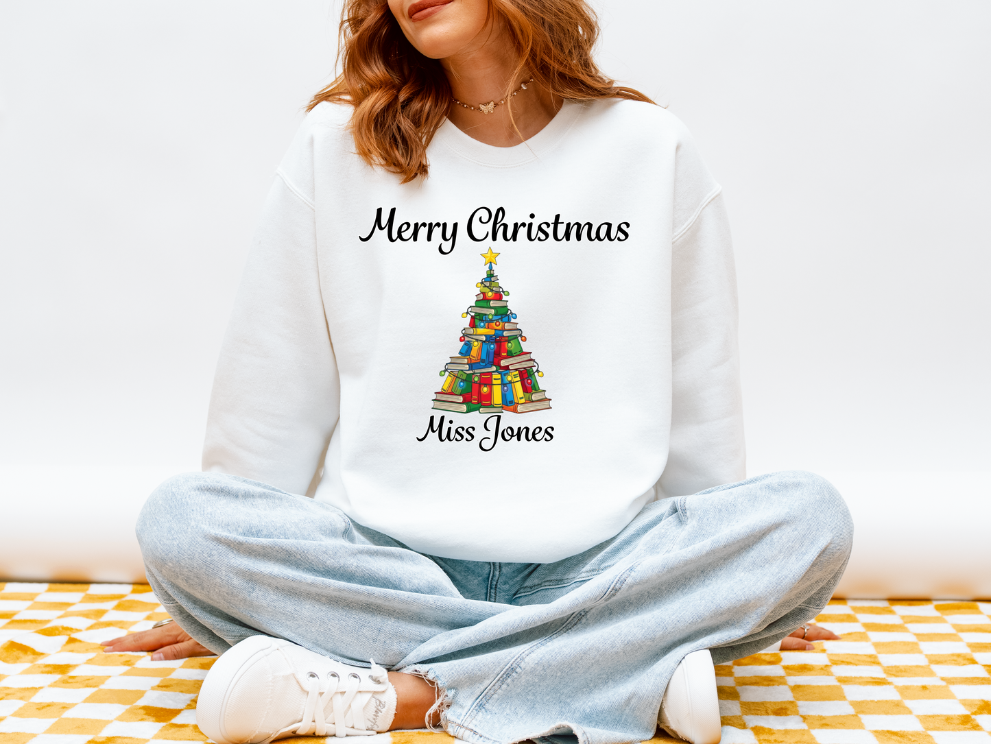 Personalised Teacher Christmas Jumper | Custom Name Sweatshirt | Book Tree Design | Gift for Teacher, Librarian or Book Lover | Plus Size
