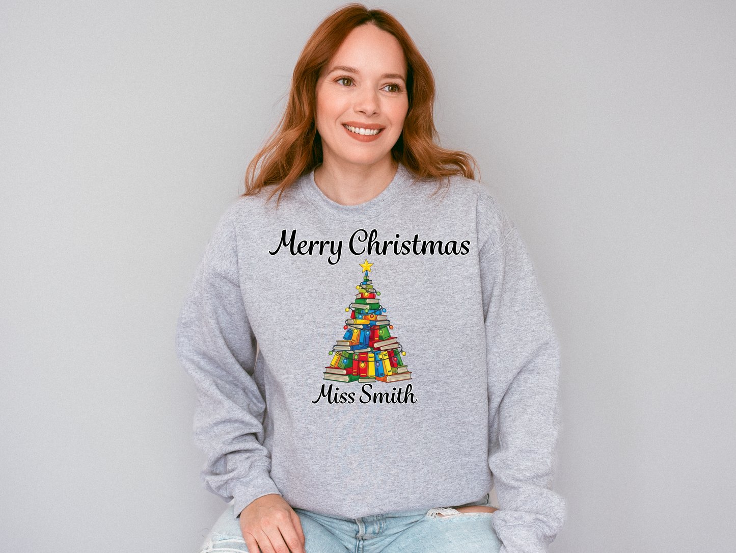 Personalised Teacher Christmas Jumper | Custom Name Sweatshirt | Book Tree Design | Gift for Teacher, Librarian or Book Lover | Plus Size