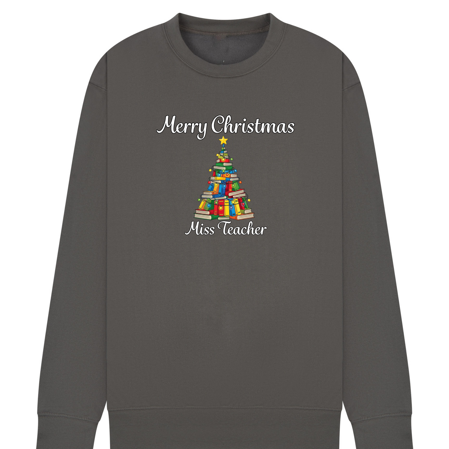 Personalised Teacher Christmas Jumper | Custom Name Sweatshirt | Book Tree Design | Gift for Teacher, Librarian or Book Lover | Plus Size