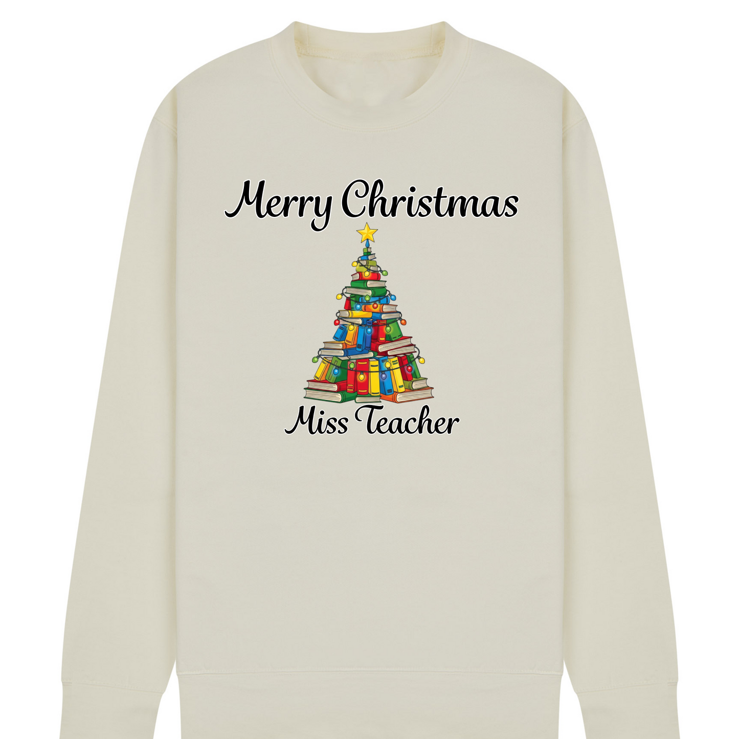 Personalised Teacher Christmas Jumper | Custom Name Sweatshirt | Book Tree Design | Gift for Teacher, Librarian or Book Lover | Plus Size
