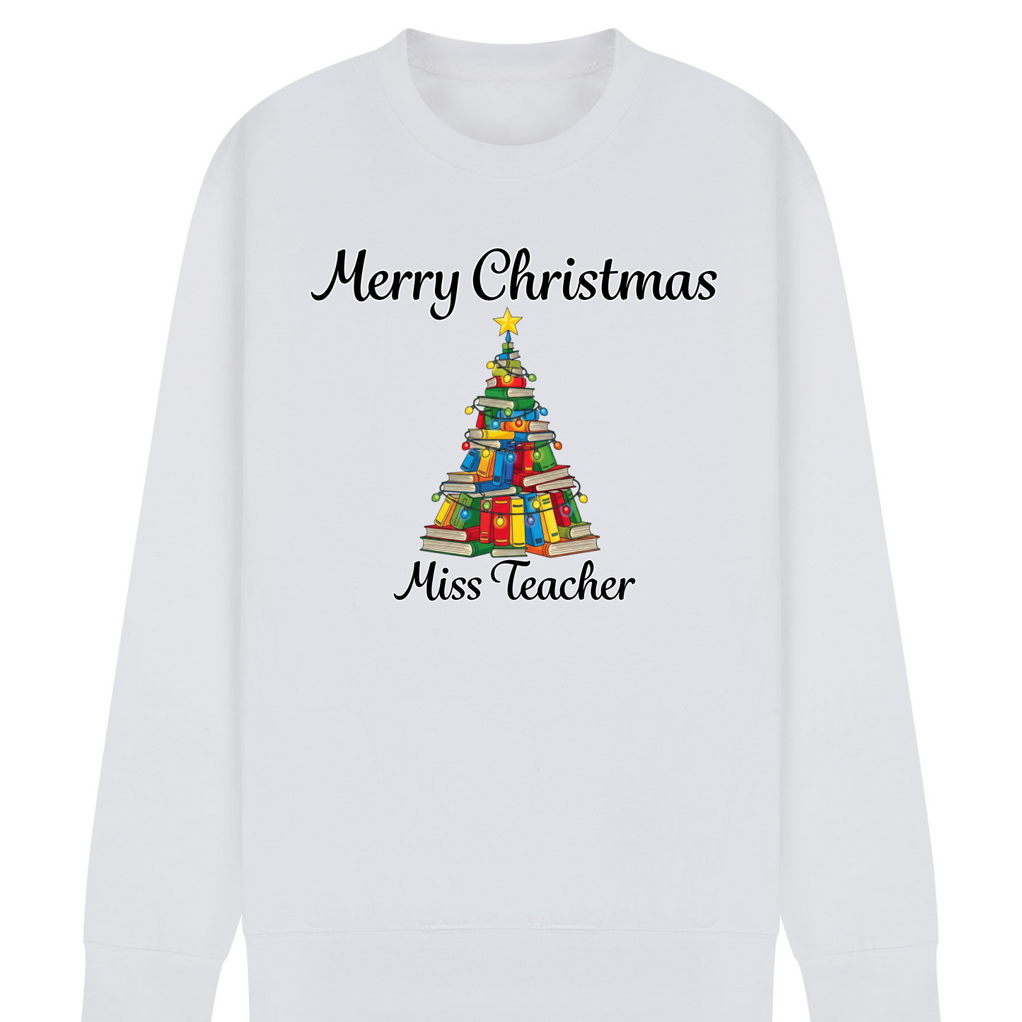 Personalised Teacher Christmas Jumper | Custom Name Sweatshirt | Book Tree Design | Gift for Teacher, Librarian or Book Lover | Plus Size