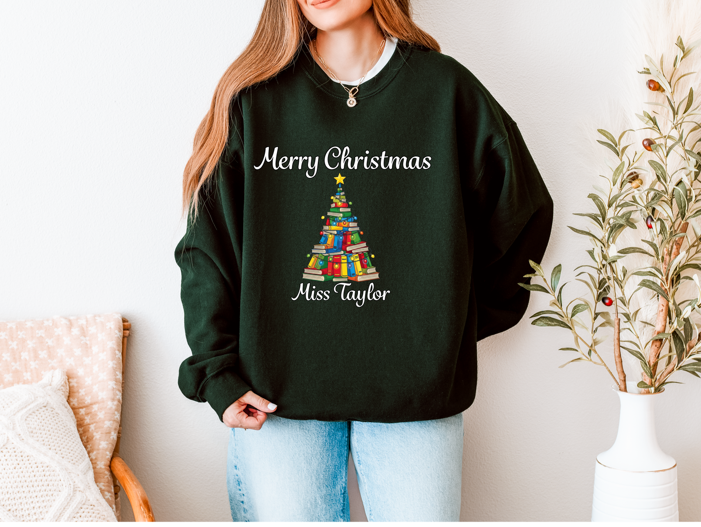 Personalised Teacher Christmas Jumper | Custom Name Sweatshirt | Book Tree Design | Gift for Teacher, Librarian or Book Lover | Plus Size