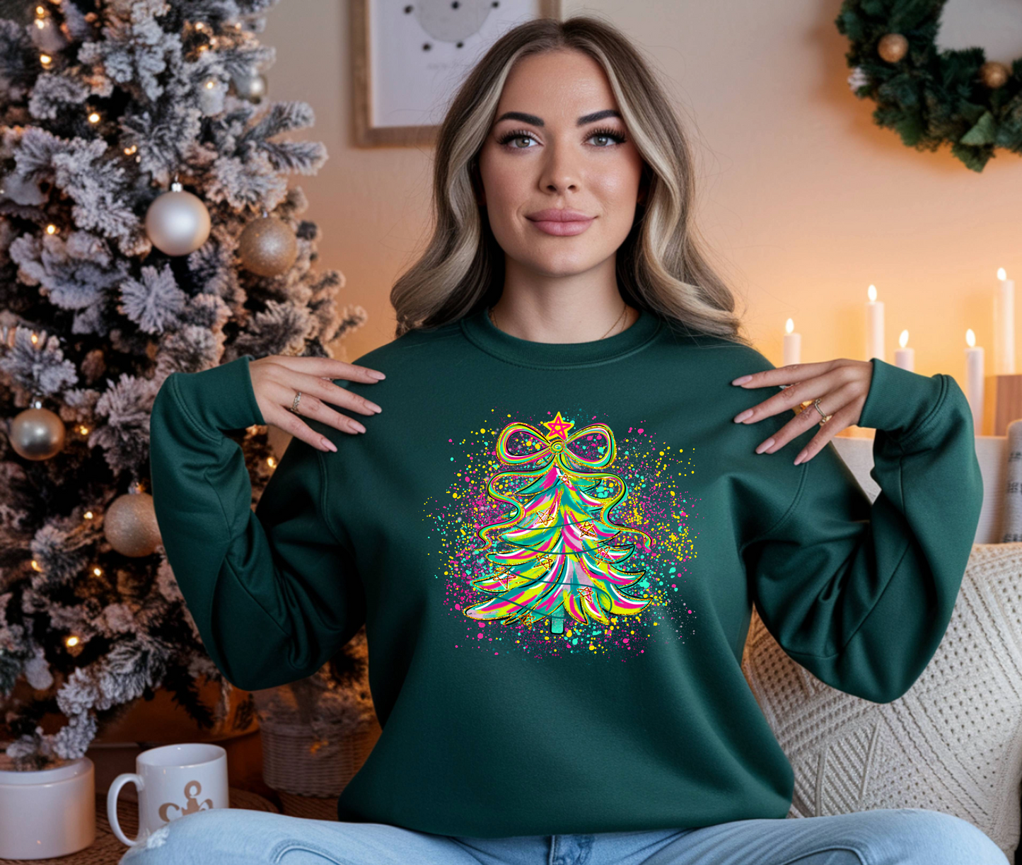 Neon Christmas Tree Sweatshirt: Festive Holiday Jumper - Plus sizes up to UK36