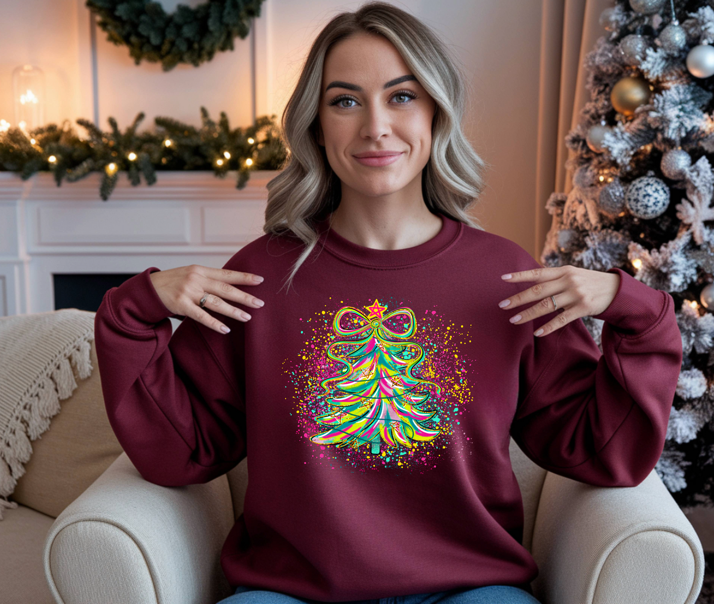 Neon Christmas Tree Sweatshirt: Festive Holiday Jumper - Plus sizes up to UK36