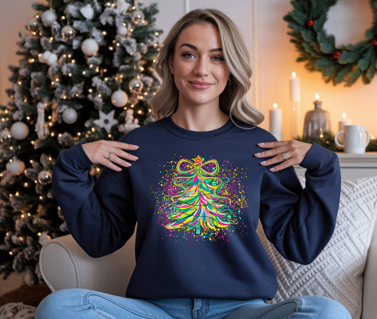Neon Christmas Tree Sweatshirt: Festive Holiday Jumper - Plus sizes up to UK36