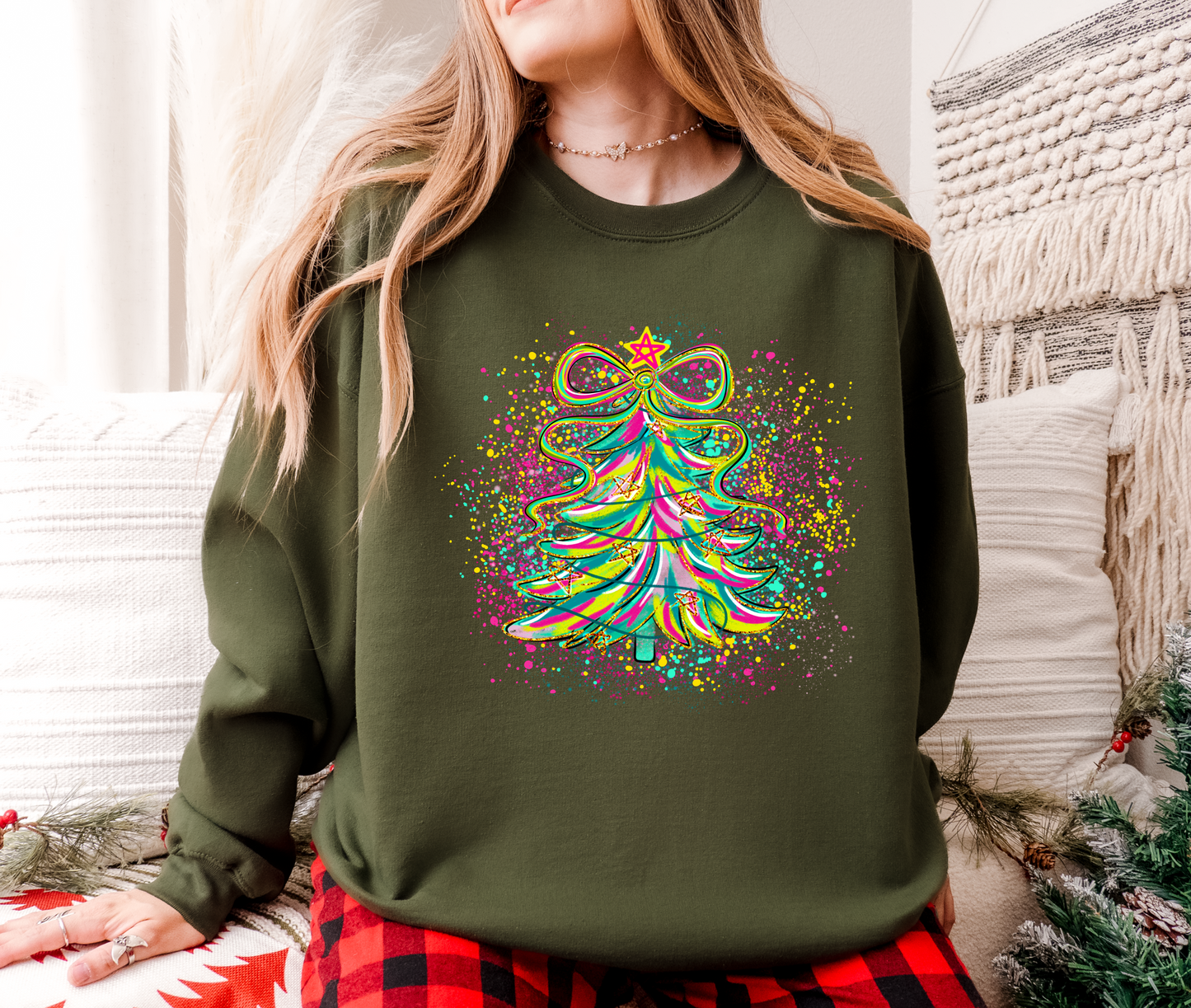 Neon Christmas Tree Sweatshirt: Festive Holiday Jumper - Plus sizes up to UK36