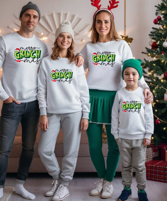 Matching “Merry Grinchmas” Family Christmas Jumpers – Adult & Kids Sizes | Up to 14 Colours!