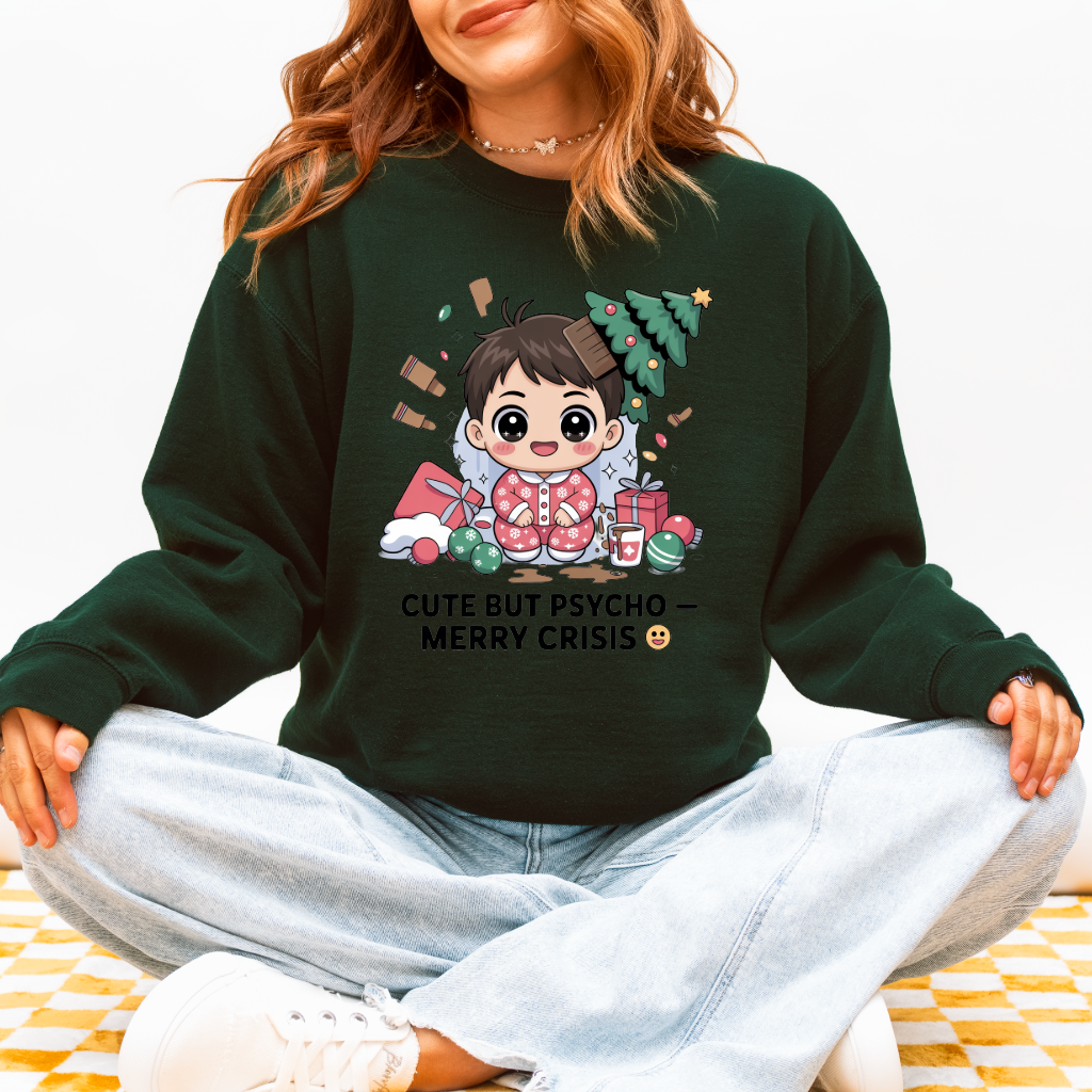 Cute But Psycho Christmas Sweatshirt • Merry Crisis Kawaii Jumper • Funny Holiday Sweater • Cozy Oversized Xmas Gift for Her