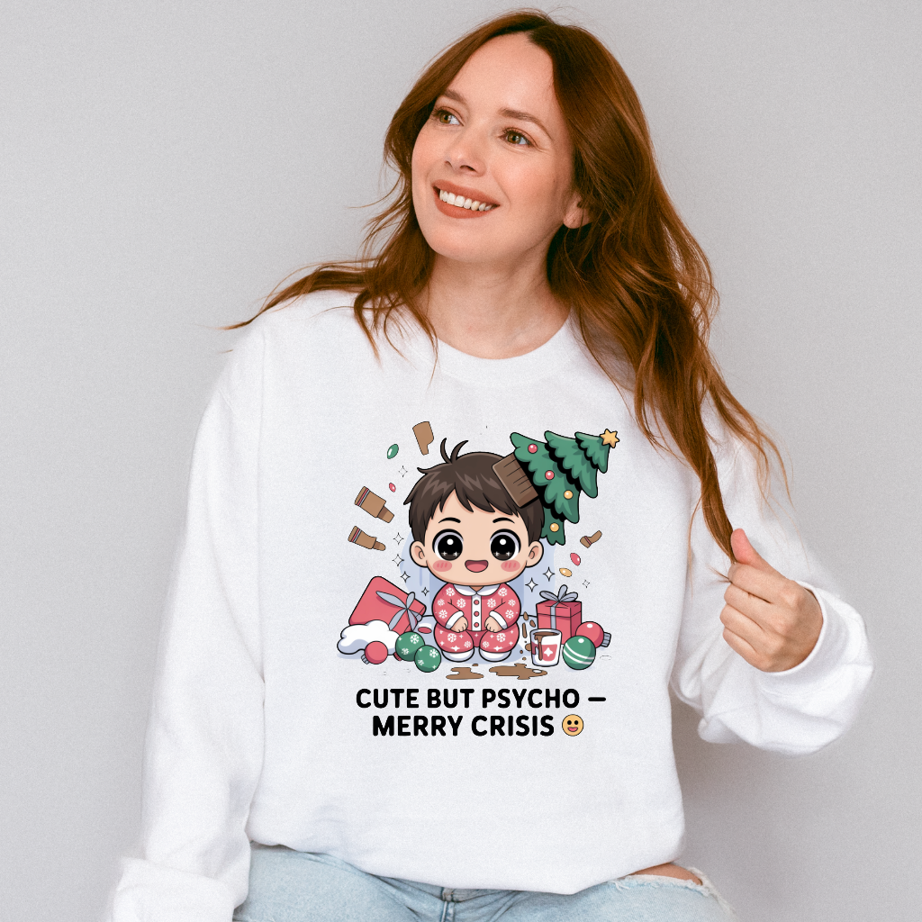 Cute But Psycho Christmas Sweatshirt • Merry Crisis Kawaii Jumper • Funny Holiday Sweater • Cozy Oversized Xmas Gift for Her