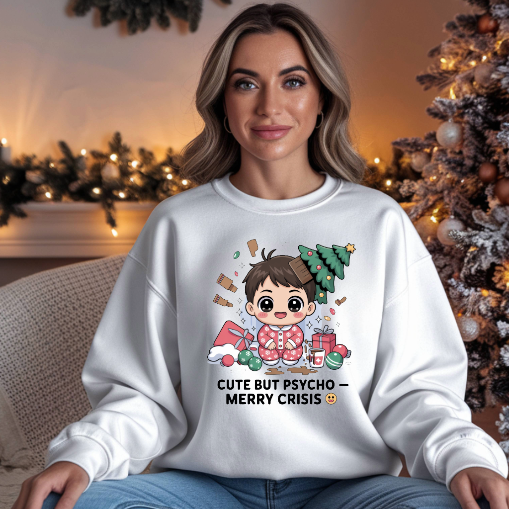 Cute But Psycho Christmas Sweatshirt • Merry Crisis Kawaii Jumper • Funny Holiday Sweater • Cozy Oversized Xmas Gift for Her