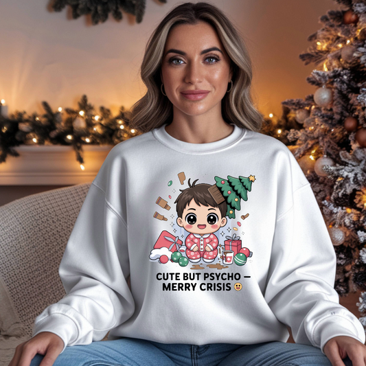 Cute But Psycho Christmas Sweatshirt • Merry Crisis Kawaii Jumper • Funny Holiday Sweater • Cozy Oversized Xmas Gift for Her