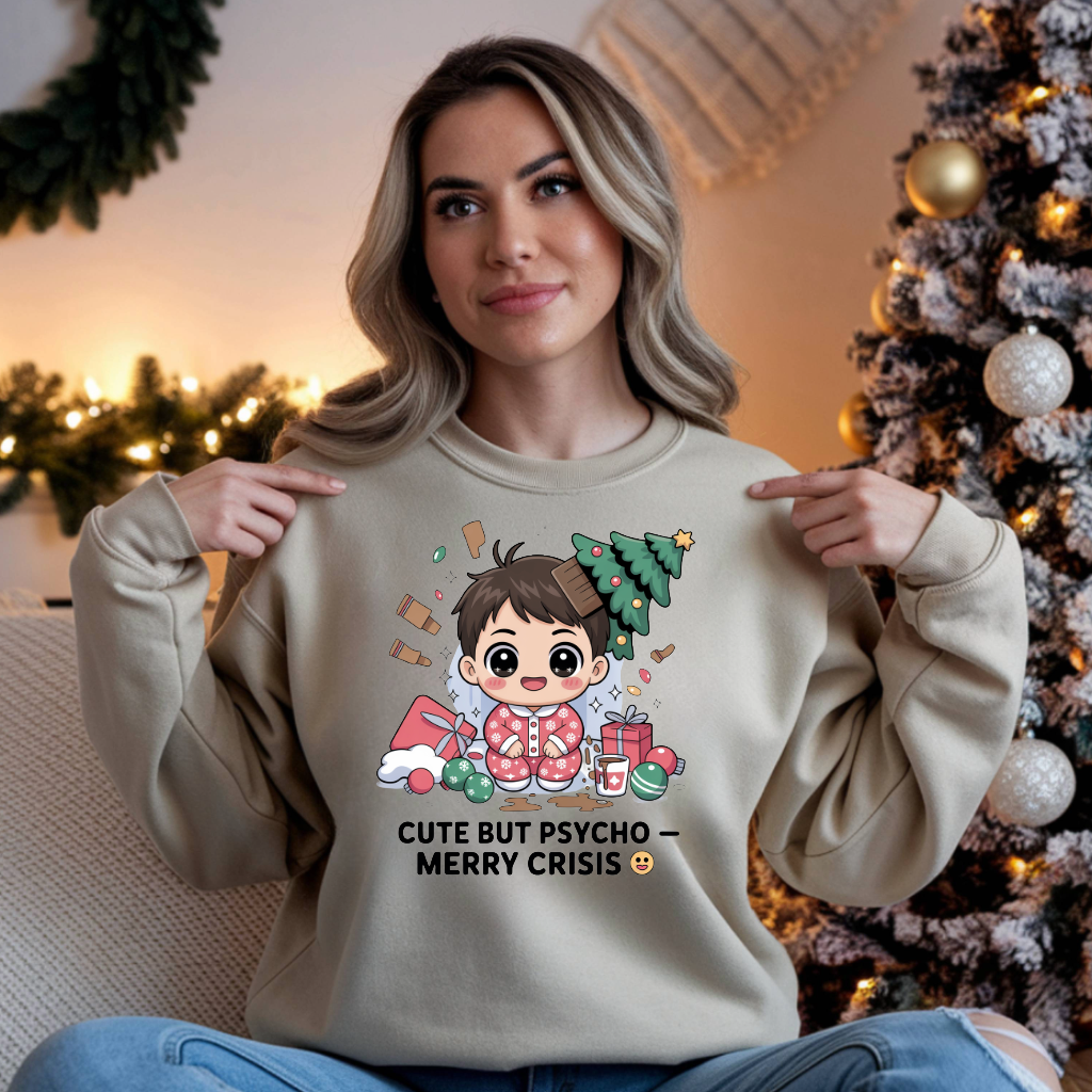 Cute But Psycho Christmas Sweatshirt • Merry Crisis Kawaii Jumper • Funny Holiday Sweater • Cozy Oversized Xmas Gift for Her