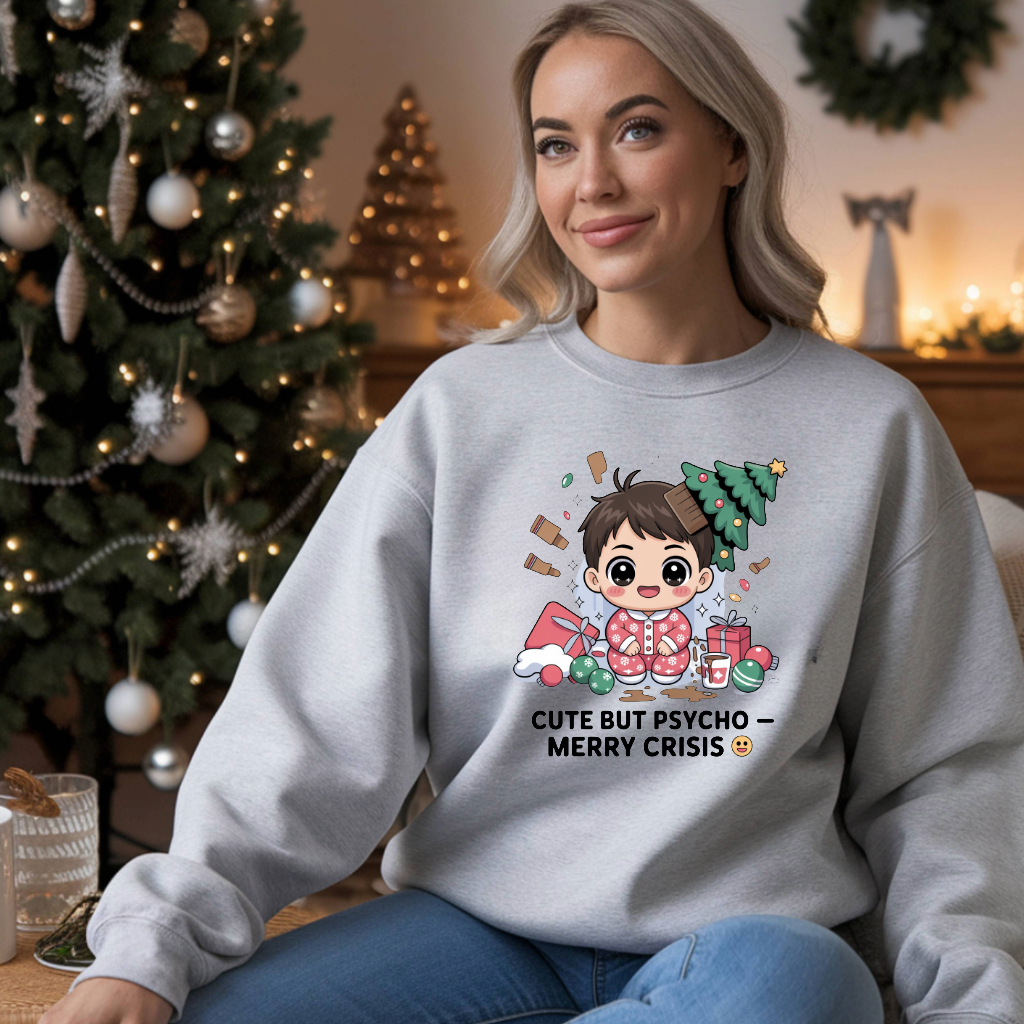 Cute But Psycho Christmas Sweatshirt • Merry Crisis Kawaii Jumper • Funny Holiday Sweater • Cozy Oversized Xmas Gift for Her