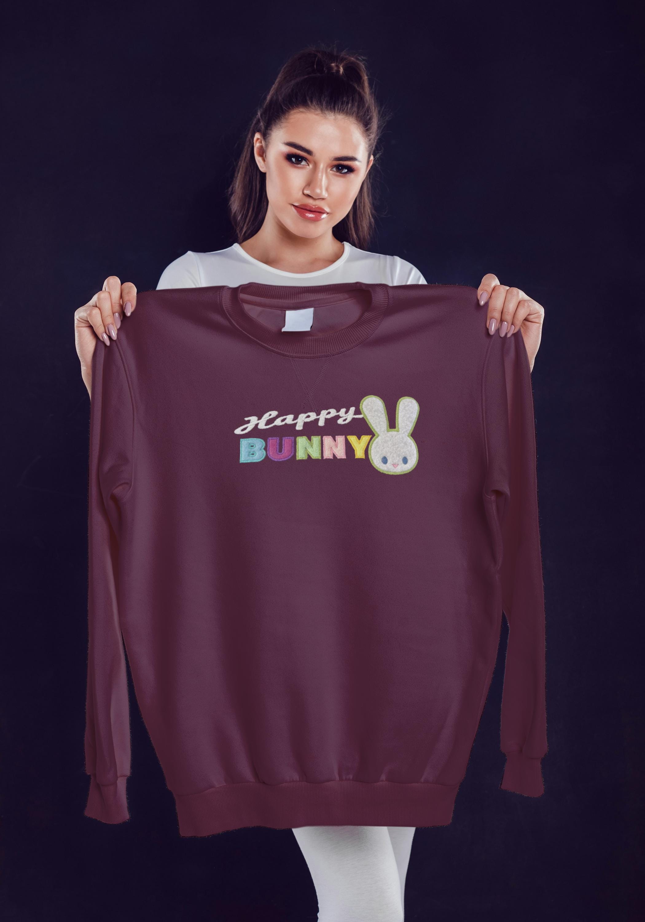 Happy Bunny Sweatshirt: Embroidered Appliqué, Plus Sizes, Handmade jumper