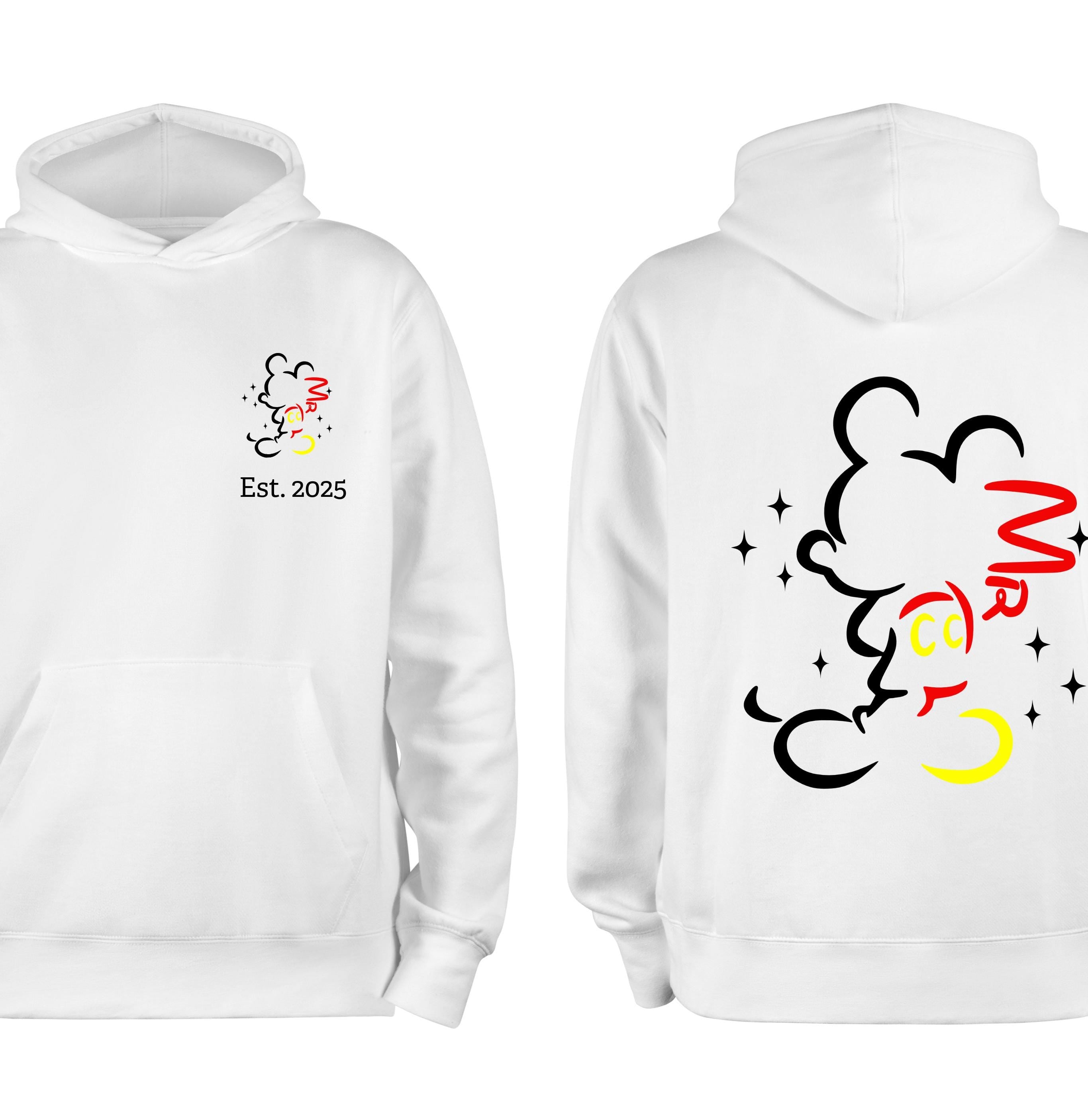 Personalised Mr and Mrs Disney Hoodies – Matching Mickey & Minnie Couple Sweatshirts – Est. Date – White Wedding Gift, Honeymoon Outfit