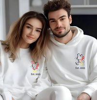 Personalised Mr and Mrs Disney Hoodies – Matching Mickey & Minnie Couple Sweatshirts – Est. Date – White Wedding Gift, Honeymoon Outfit