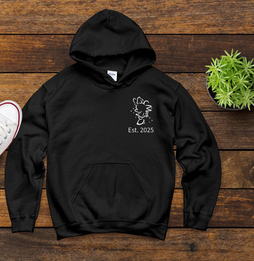 Personalised Mr and Mrs Disney Hoodies – Matching Mickey or Minnie Couple Hoodie – Est. Date – Wedding Gift, Honeymoon Outfit