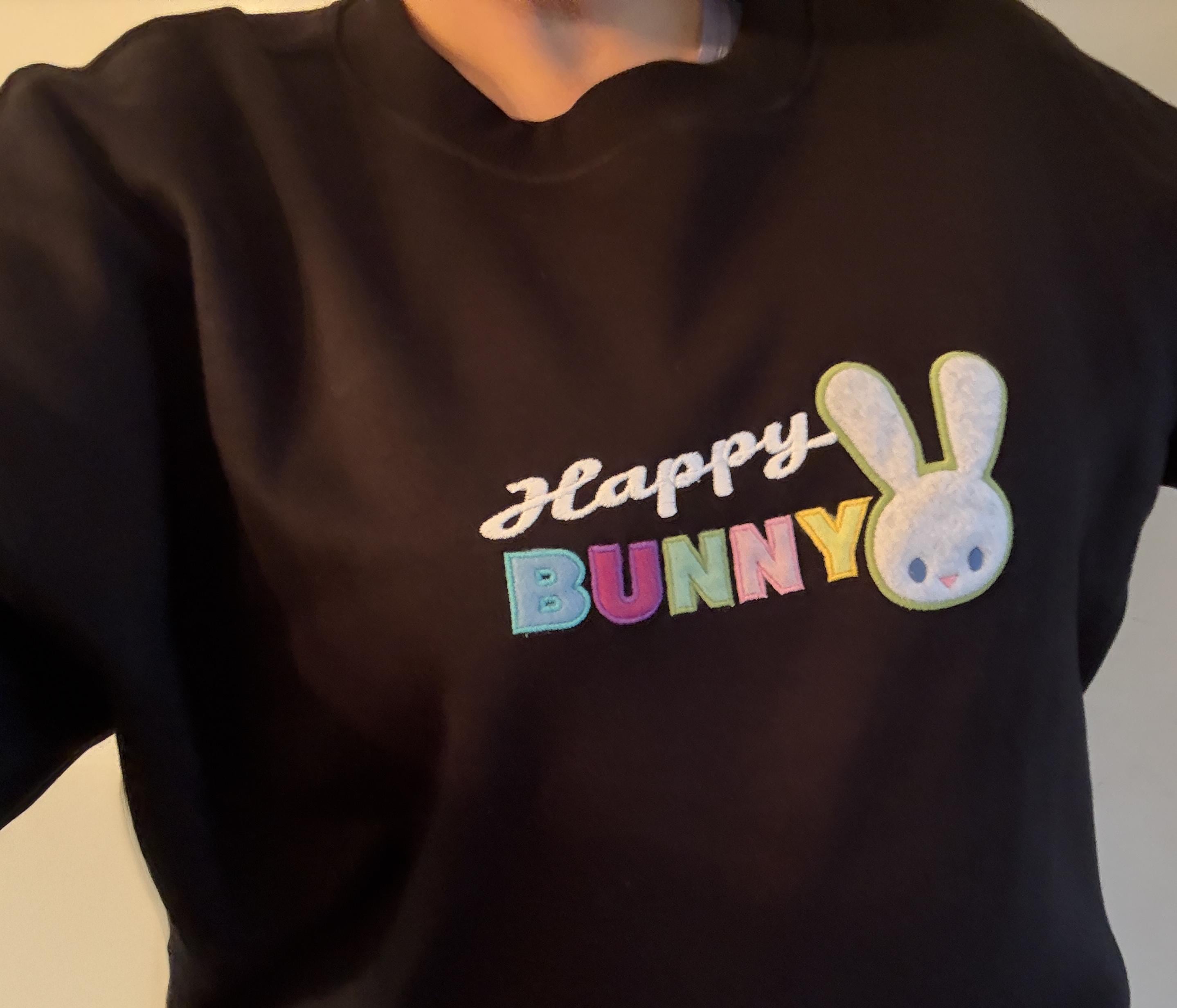 Happy Bunny Sweatshirt: Embroidered Appliqué, Plus Sizes, Handmade jumper