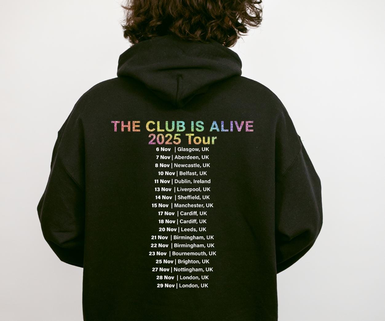 JLS 2025 Tour Hoodie: The Club Is Alive, Rainbow Sparkle Glitter Effect Logo