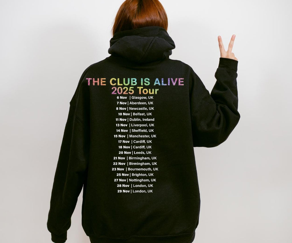 JLS 2025 Tour Hoodie: The Club Is Alive, Rainbow Sparkle Glitter Effect Logo