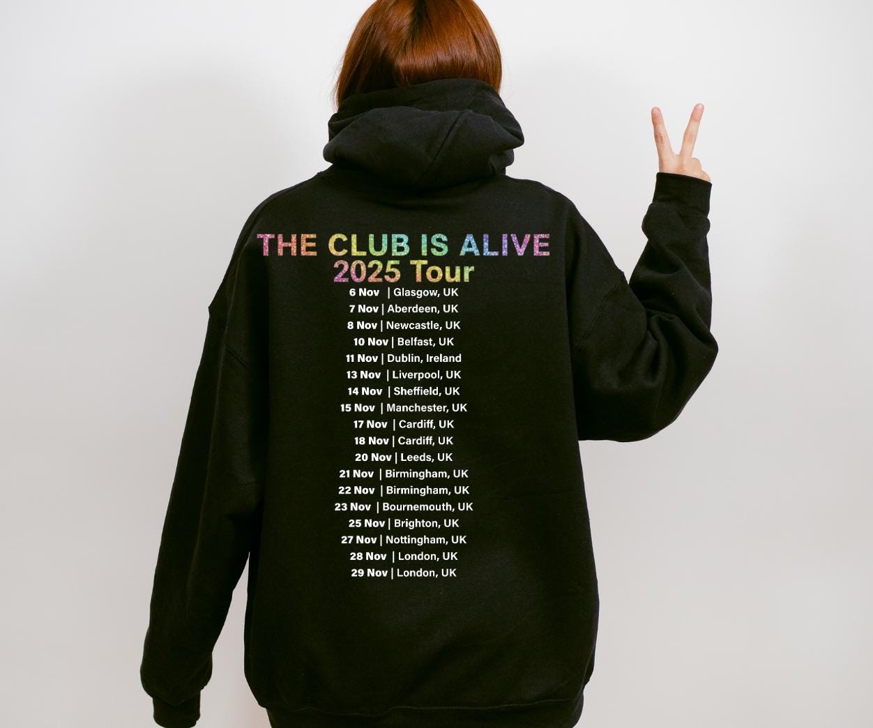 JLS 2025 Tour Hoodie: The Club Is Alive, Rainbow Sparkle Glitter Effect Logo