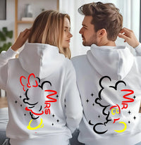 Personalised Mr and Mrs Disney Hoodies – Matching Mickey & Minnie Couple Sweatshirts – Est. Date – White Wedding Gift, Honeymoon Outfit