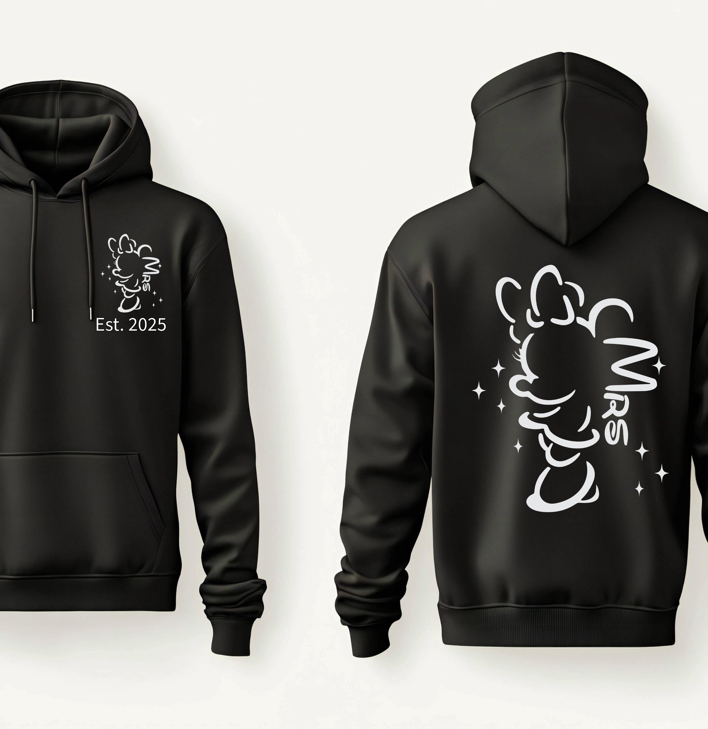 Personalised Mr and Mrs Disney Hoodies – Matching Mickey or Minnie Couple Hoodie – Est. Date – Wedding Gift, Honeymoon Outfit