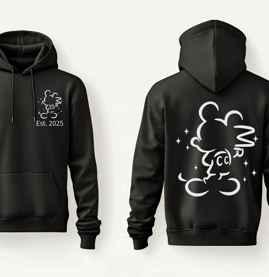 Personalised Mr and Mrs Disney Hoodies – Matching Mickey or Minnie Couple Hoodie – Est. Date – Wedding Gift, Honeymoon Outfit