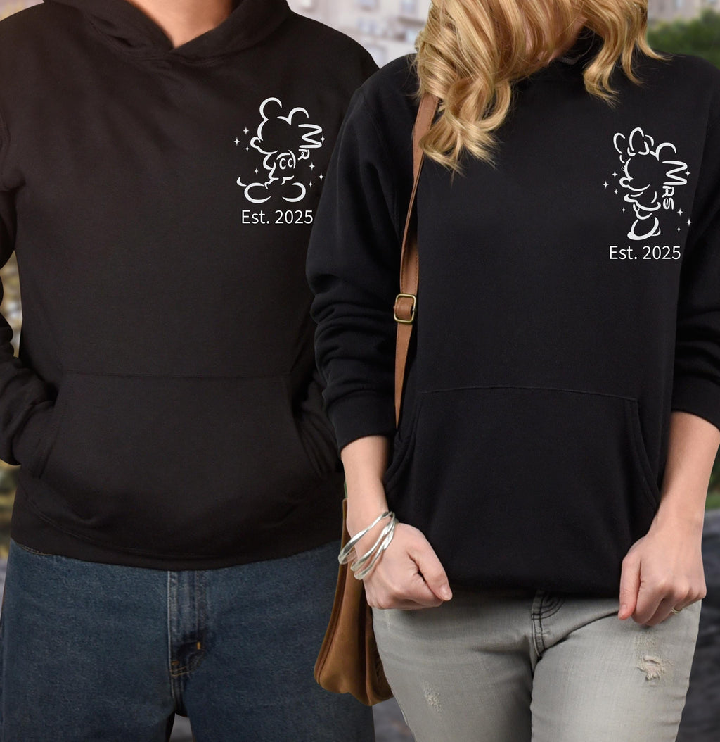 Personalised Mr and Mrs Disney Hoodies – Matching Mickey or Minnie Couple Hoodie – Est. Date – Wedding Gift, Honeymoon Outfit