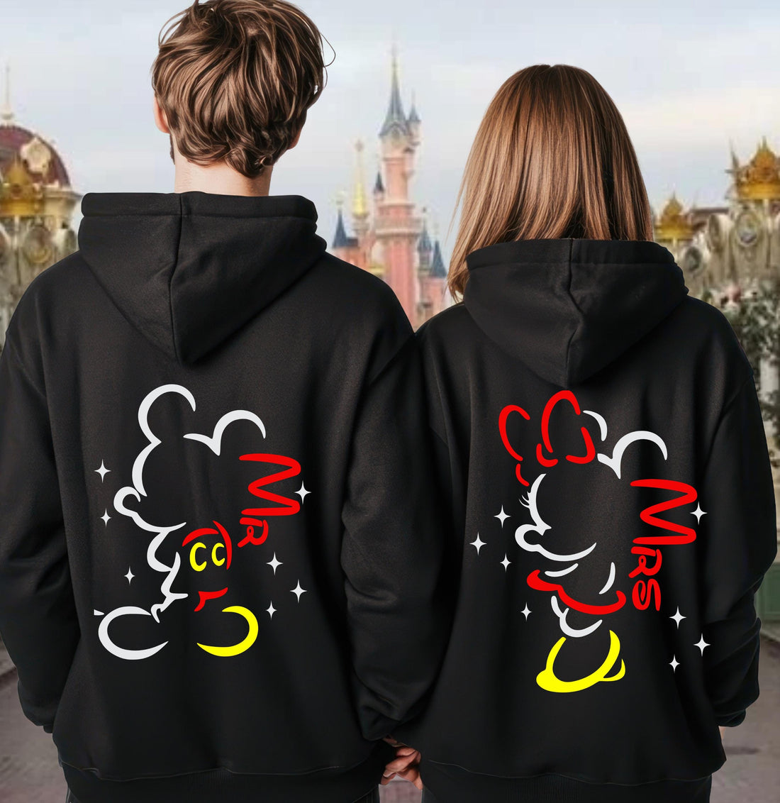 Personalised Mr and Mrs Disney Hoodies – Matching Mickey & Minnie Couple Hoodie – Est. Date – Wedding Gift, Honeymoon Outfit