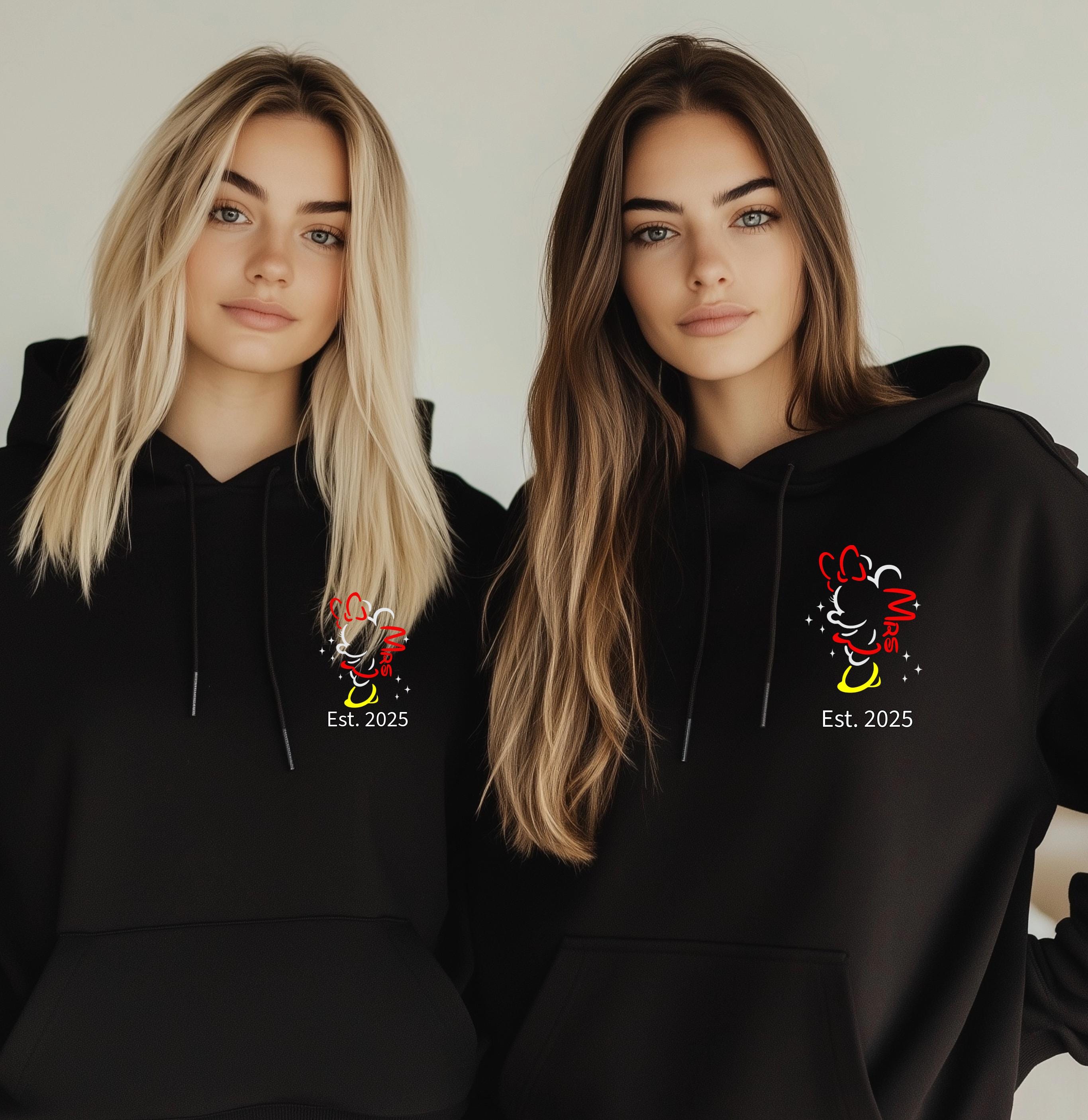 Personalised Mr and Mrs Disney Hoodies – Matching Mickey & Minnie Couple Hoodie – Est. Date – Wedding Gift, Honeymoon Outfit