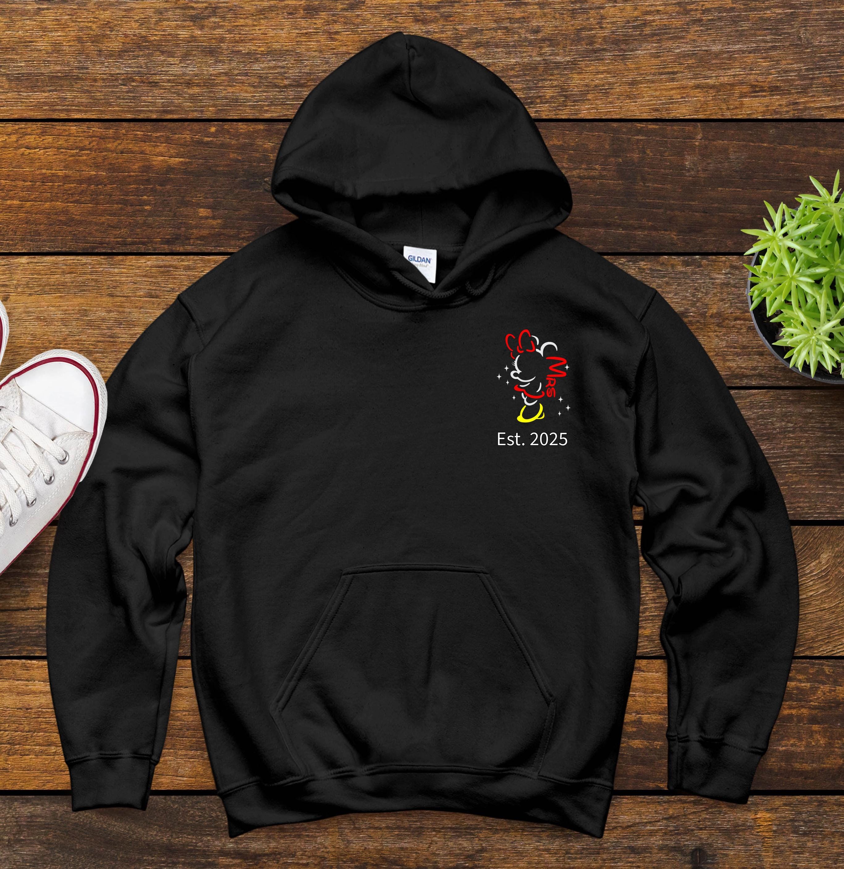 Personalised Mr and Mrs Disney Hoodies – Matching Mickey & Minnie Couple Hoodie – Est. Date – Wedding Gift, Honeymoon Outfit