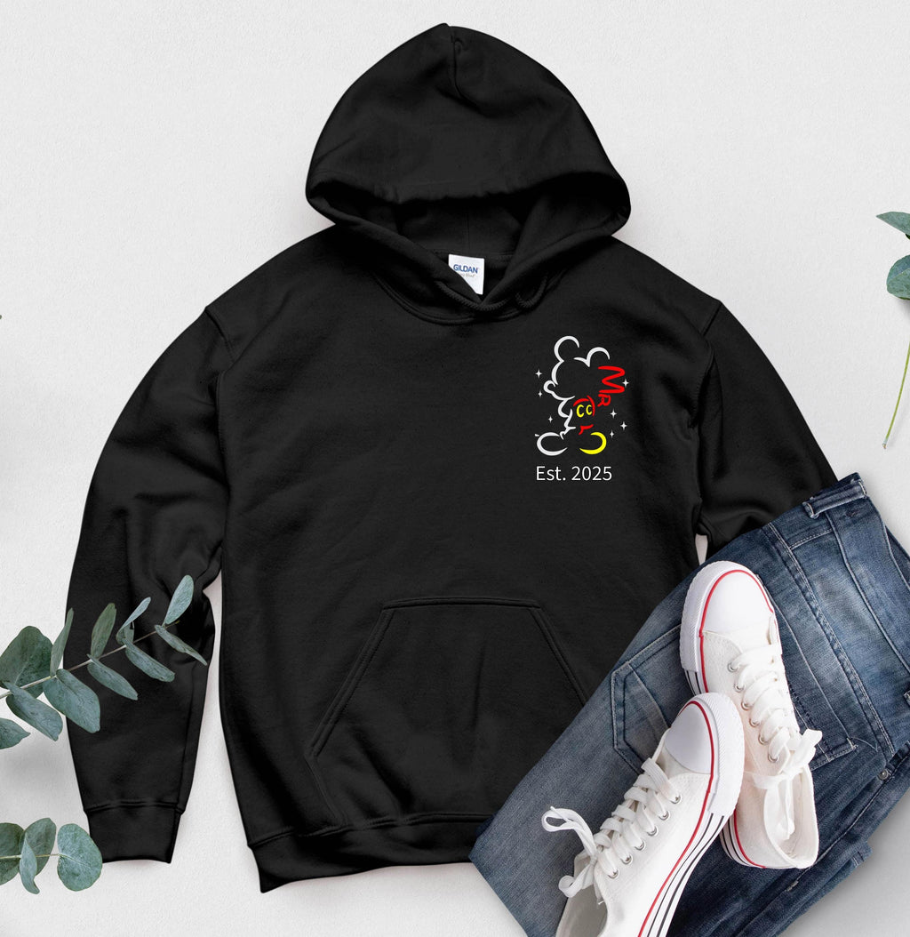 Personalised Mr and Mrs Disney Hoodies – Matching Mickey & Minnie Couple Hoodie – Est. Date – Wedding Gift, Honeymoon Outfit